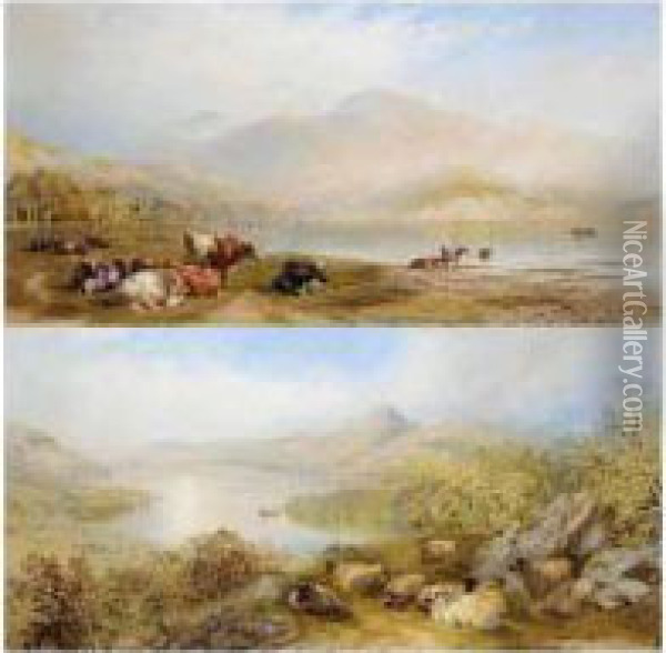 Cattle Resting At Loch Lomond; Loch Rannoch, Perthshire Oil Painting - Cornelius Pearson