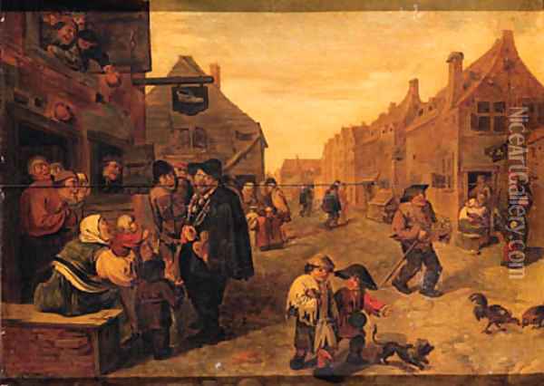 Boors listening to a liereman, outside a shoemaker's workshop, in a village street Oil Painting - Adriaen Brouwer