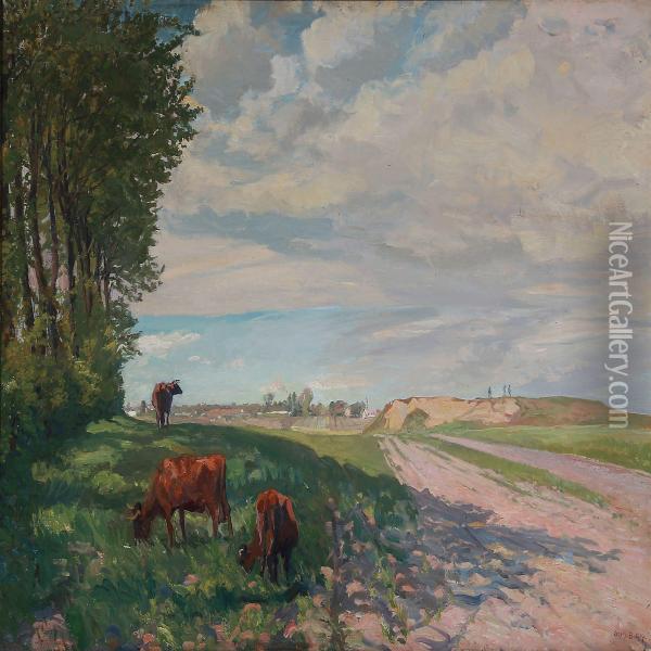 Landscape With Grazing Cows Oil Painting - Gerhard Lichtenberg Blom