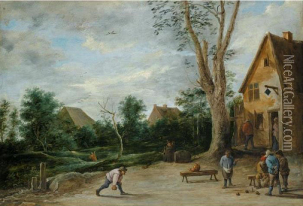 Village Scene With Four Peasants
 Playing Bowls Before A Tavern Two Cottages 
Beyond Oil Painting - David The Younger Teniers