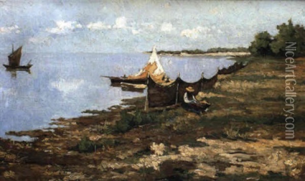 Laguna Veneta Con Imbarcazioni E Figure Oil Painting - Pietro Fragiacomo