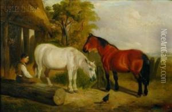 Barn Scene With Two Horses Oil Painting - James Thomas Wheeler