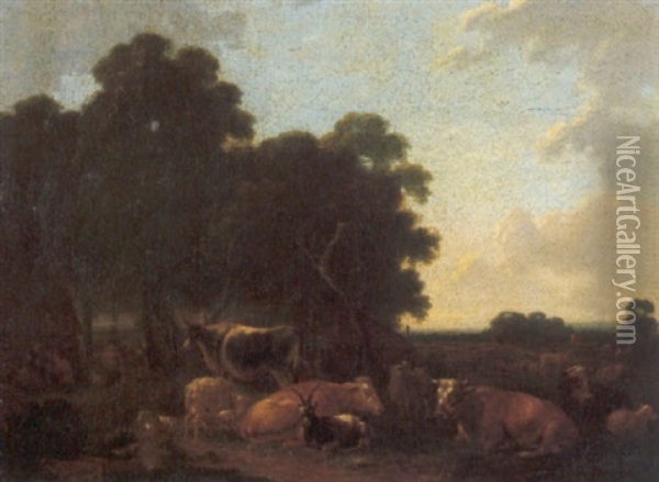 Mucche E Pecore In Una Radura Oil Painting - Aelbert Cuyp