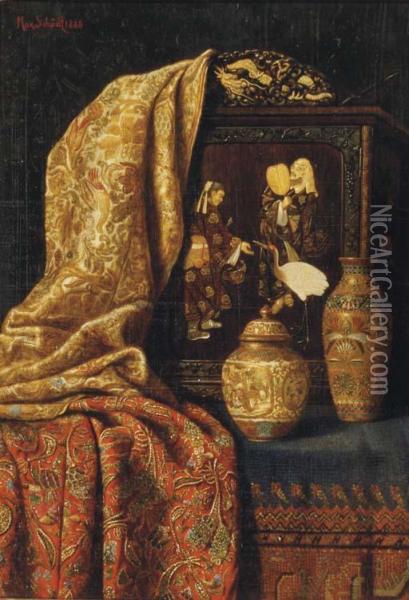 A Chinese Jar And Vase, A Painting And Fabric On A Tabletop Oil Painting - Max Schodl