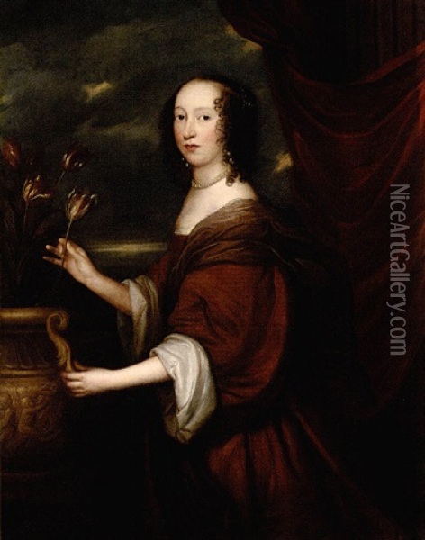 Portrait Of Lady Ingleby Standing Beside An Urn Of Tulips, Wearing A Brown Dress And A Pearl Necklace Oil Painting - John Hayls