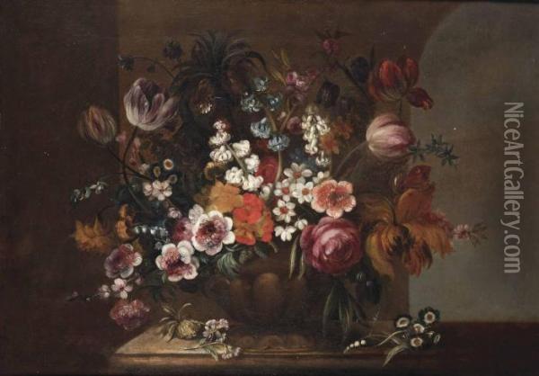 Tulips, Roses, Violets And Other Flowers In A Sculpted Vase On A Stone Ledge Oil Painting - Rachel Ruysch