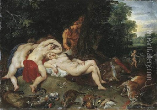 A Wooded Landscape With A Satyr Spying On Sleeping Nymphs Oil Painting - Jan Brueghel the Elder