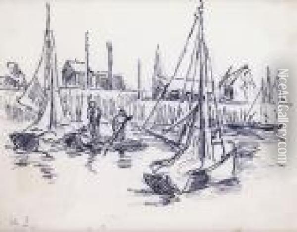 Barque Dans Le Port Parmi Les Petits Bateaux De Peche Oil Painting - Maximilien Luce