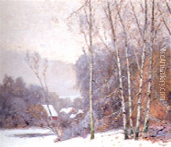 Winter Landscape With Birch Trees And Distant Houses Oil Painting - William Clusmann