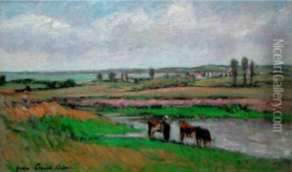 Paysage Aux Trois Vaches A La Mare Oil Painting - Andre Prevot-Valeri