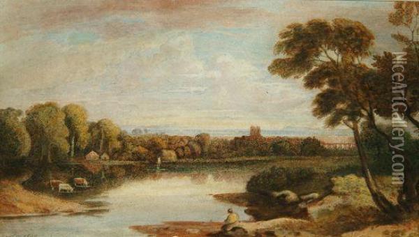 River Landscape With Distant Viaduct Oil Painting - John Varley