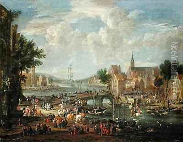 Townsfolk on the Riverbank Oil Painting - Boudewyns
