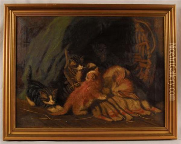 Kittens Frolicking With Mom Oil Painting - Sydney Lawrence Brackett