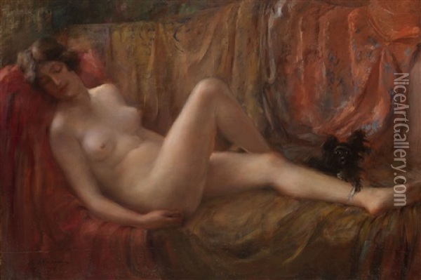 Nude With A Dog Oil Painting - Vitaly Gavrilovich Tikhov