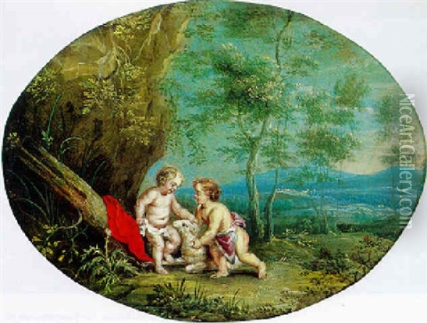 Zwei Amoretten In Einer Landschaft Oil Painting - Abraham van Diepenbeeck