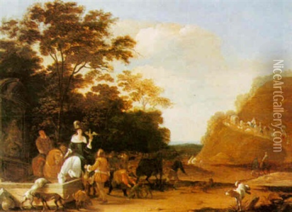 Landscape With A Hawking Party Resting By A Cistern Oil Painting - Pieter Bout