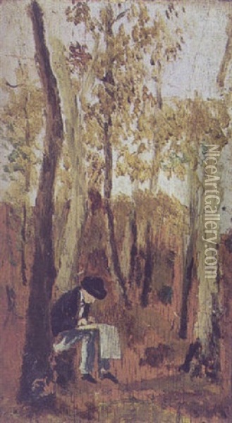 Siddende Tegnende Mand I Skoven Oil Painting - Giovanni Fattori