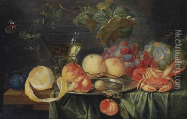 Peaches, Plums, Grapes And A Lemon, With A Crab, A Lobster And A Roemer, On A Partly-draped Table Oil Painting - Jan van Kessel the Elder