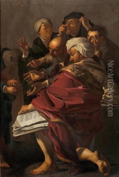 Les Docteurs Devant Le Christ Oil Painting - Dirck Van Baburen