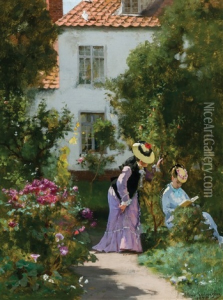 Women In The Garden Oil Painting - Hugo Salmson