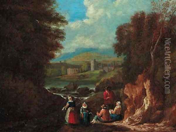 A wooded landscape with washerwomen at a riverside Oil Painting - Pieter Bout