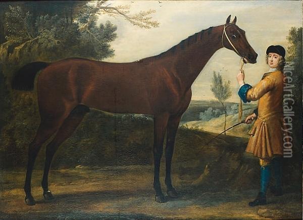 The 3rd Duke Of Devonshire's 
Racehorse, Scamp With A Jockey In Yellow And Blue Livery In A Wooded 
Landscape Oil Painting - John Wootton