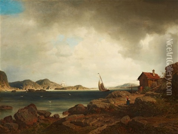 Scandinavian Coastal Landscape With Sailing Ships Oil Painting - Axel Wilhelm Nordgren