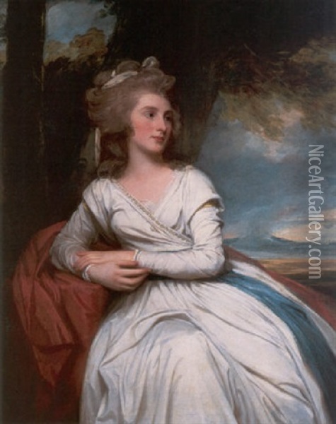 Portrait Of Mary, Mrs. Sullivan, Later Lady Sullivan, Leaning On One Elbow, Wearing A White Dress With A Blue And Red Sash Oil Painting - George Romney
