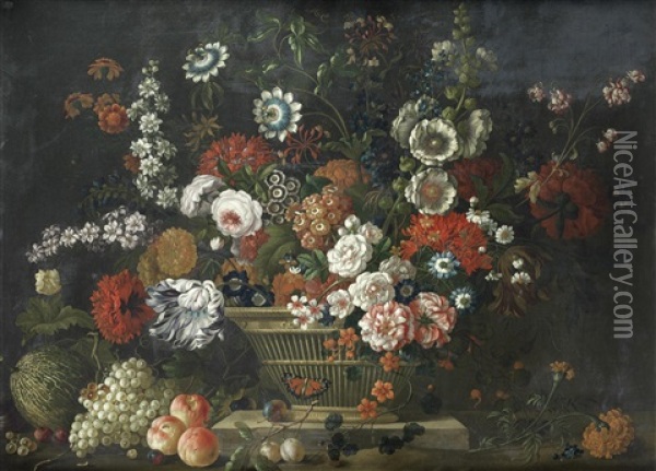 Roses, Tulips, Hollyhocks, Poppies, Passion And Other Flowers In A Basket On A Stone Ledge With A Melon, Grapes And Peaches Oil Painting - Pieter Casteels III