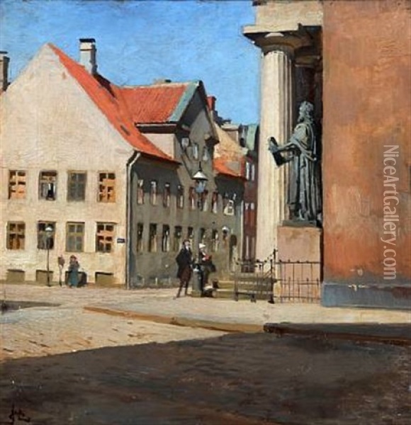 Two Men Admire The Statue Of Moses In Front Of Copenhagen Cathedral Oil Painting - Erik Ludwig Henningsen