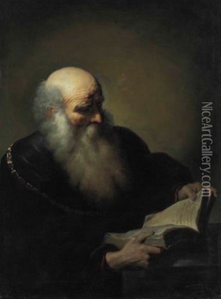 A Bearded Old Man Reading, Wearing A Brown Coat And A Golden Chain, Half-length Oil Painting - Daniel De Koninck