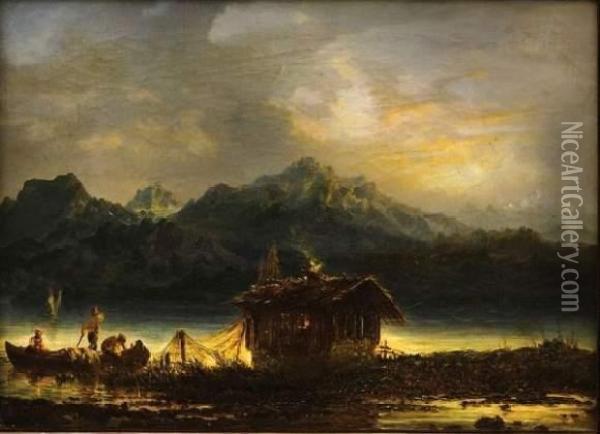 Pecheurs Sur Un Lac De Montagne Oil Painting - Benjamin Netter