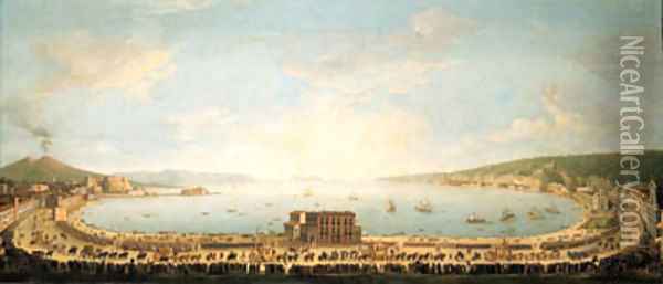 A panoramic view of the Bay of Naples, with the royal procession to Piedigrotta Oil Painting - Antonio Joli