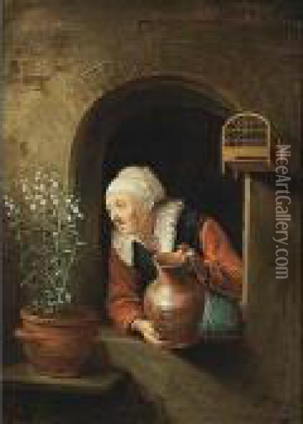 A Woman Watering A Flower In A Window Oil Painting - Gerrit Dou