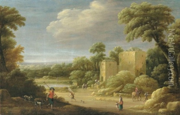 An Extensive Wooded Landscape With Townsfolk By A Villa Oil Painting - Joost Cornelisz. Droochsloot