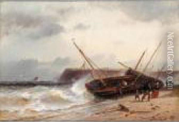 Beach Boats Threatened By Heavy Seas Oil Painting - Charles Euphrasie Kuwasseg