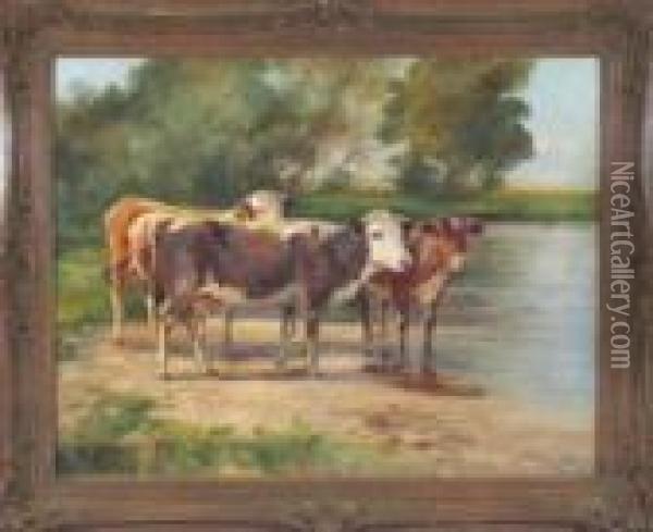 Drei Kuhe Am Ufer In Bewaldeter Landschaft Oil Painting - Johann Daniel Holz