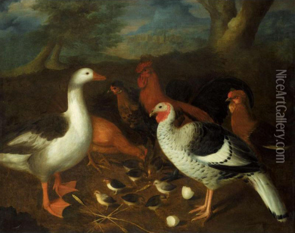 Bantams, A Goose, A Turkey And Chicks In A Landscape Oil Painting - Louis, Lewis Hubner