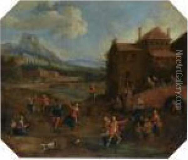 A Village Scene With Peasants Dancing, A Mountainous Landscape Inthe Background Oil Painting - Joost Cornelisz. Droochsloot