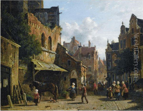 A Busy Town View Oil Painting - Adrianus Eversen