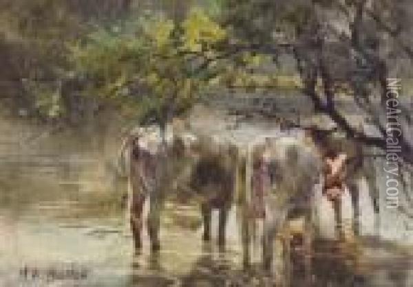 Cattle Watering In The Shade Oil Painting - Mildred Anne Butler