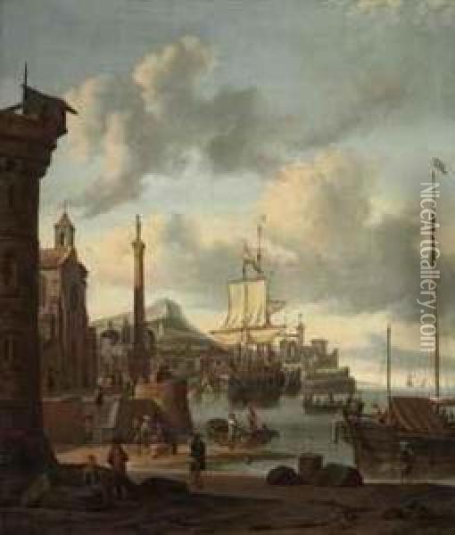 A Capriccio Of A Mediterranean Harbour Oil Painting - Abraham Storck
