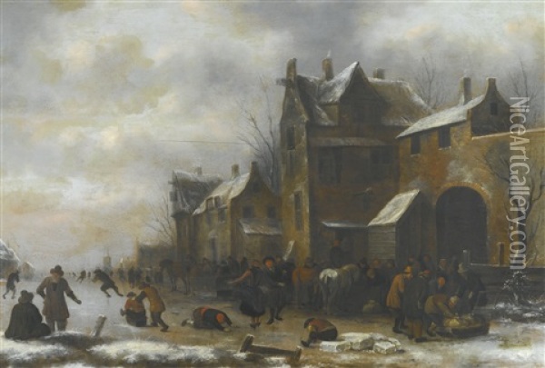 Winter Landscape With Skaters, Travellers And Their Horses Outside A Village, Figures Packing Bundles Onto A Sledge By An Archway On The Left Oil Painting - Nicolaes Molenaer