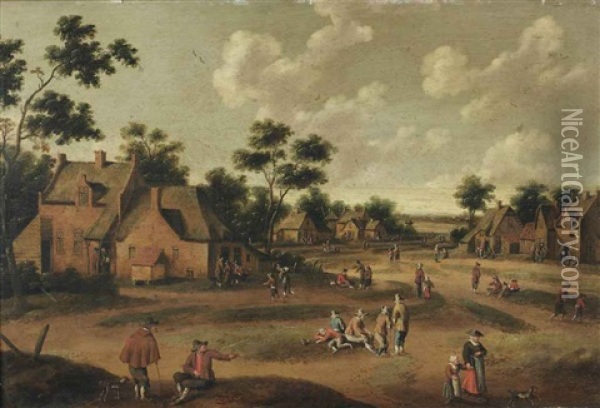 A Village With Numerous Figures In The Street Oil Painting - Cornelis Droochsloot
