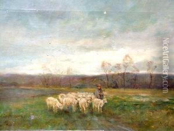 Clavert, -- Shepherd And His Flock In A Field At Dusk Oil Painting - Edwin Sherwood Calvert