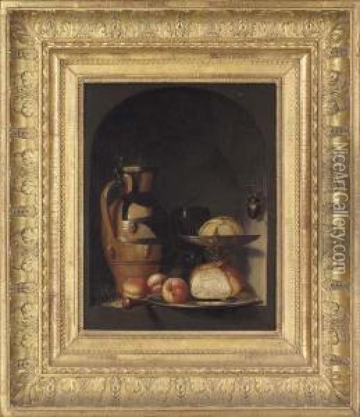 An Earthenware Jug, A Glass 
Roemer, A Silver Tazza, A Pewter Plate With Bread And Peaches, A Mouse 
And A Stag-beetle In A Casement Oil Painting - Georg Flegel