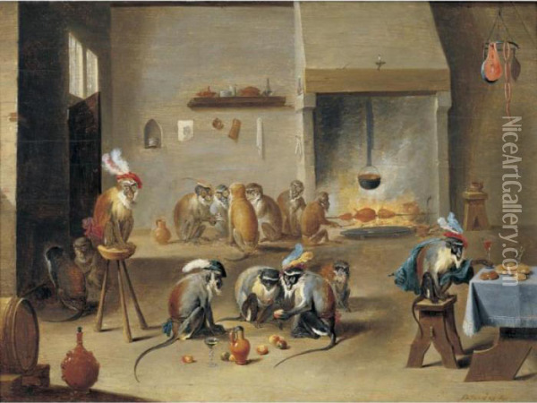 Monkeys In A Tavern Oil Painting - David The Younger Teniers