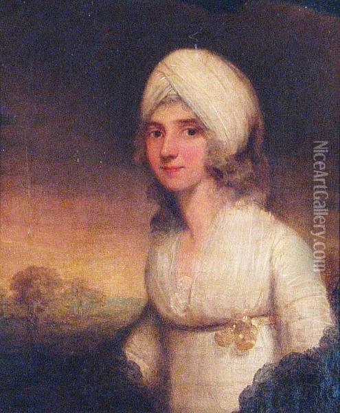 A Portrait Of A Lady In White (thought To Be Lady Calder) Oil Painting - John Hoppner