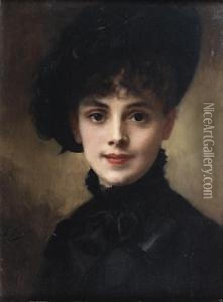Portrait De Femme Au Chapeau Noir Oil Painting - Gustave Jean Jacquet