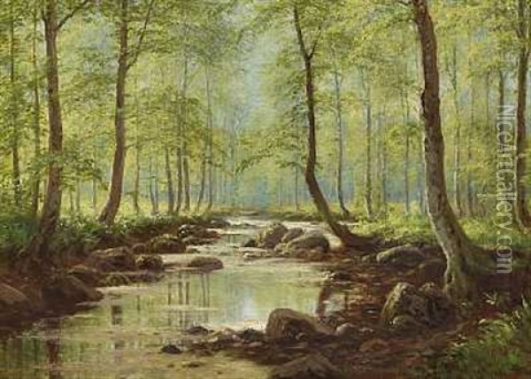 Lovtraeer Ved Et Alob I Skoven, Forar Oil Painting - Christian Bernh. Severin Berthelsen